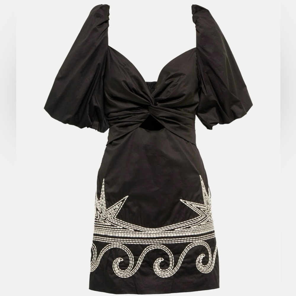 Johanna Ortiz Simple Pleasures Cutout Black Mini Dress White Embroidered Hem